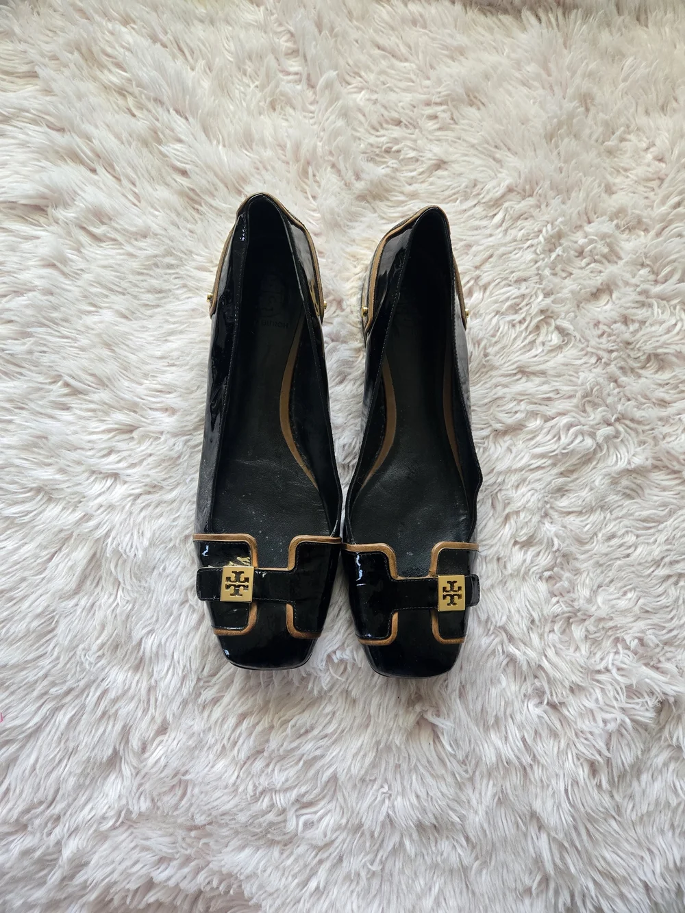 Tory Burch Black Patent Leather Square-Toe Logo Flats with Gold Trim
